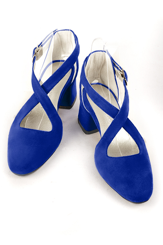 Women's electric blue elegant closed-back heels, with crossed straps. .  - Top view